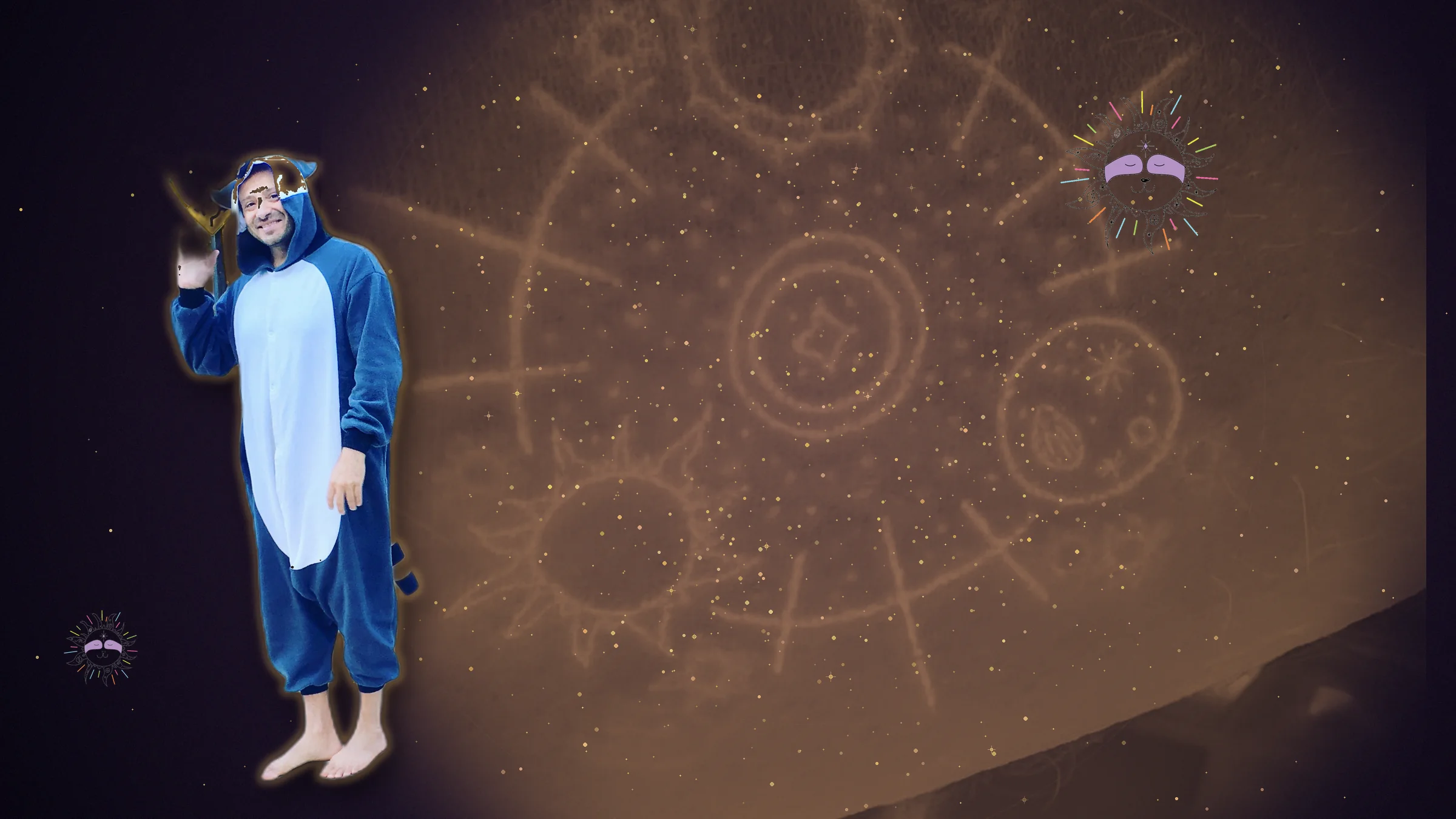 Yanik Silver inside the cosmic creature with the mandala of seeds, suns, blooms behind him and the cosmic sloth above